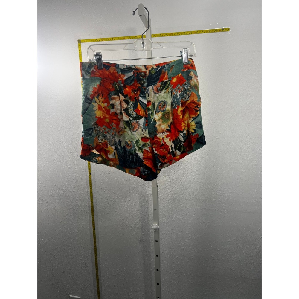 Afghan Floral Print Pleated High Waisted Shorts Orange Green Size P